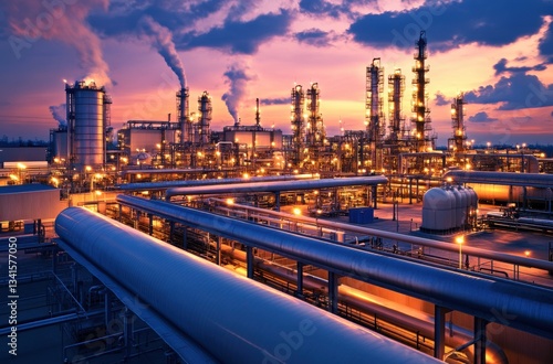Natural gas energy production facility, twilight,