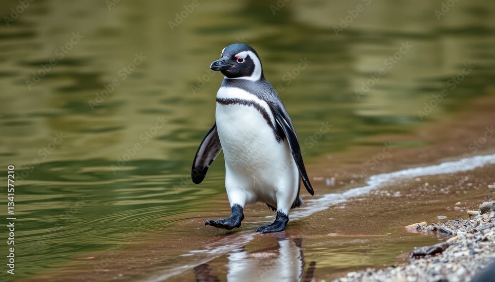 Obraz premium Penguin walking by the water's edge coastal habitat wildlife photography natural environment close-up view animal behavior