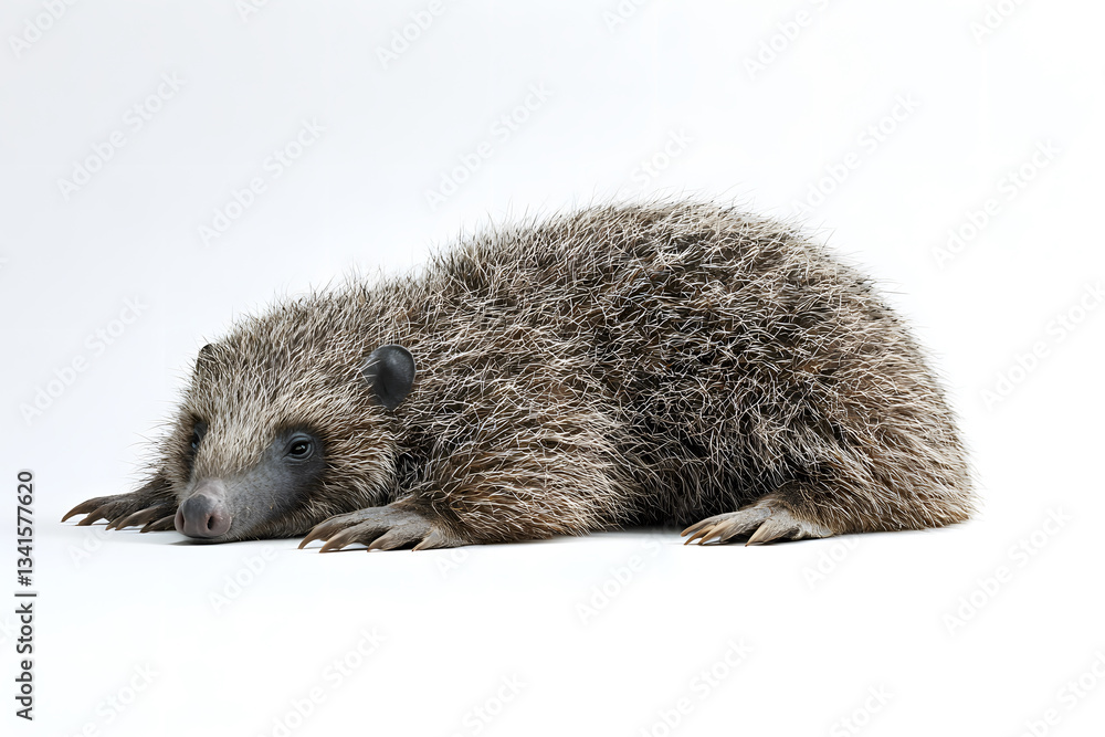 Naklejka premium Small furry mammal with gray-brown fur and a long snout resting peacefully on a white background.