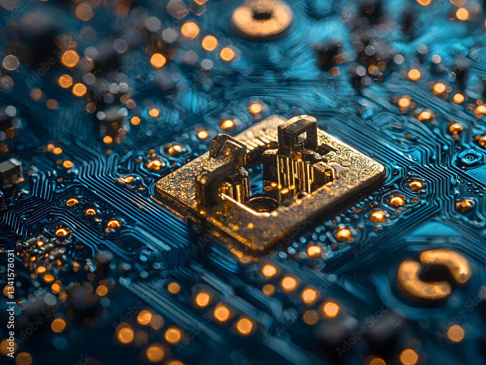 Fototapeta premium Close-up of a circuit board with intricate blue lines golden connections and a central square component.