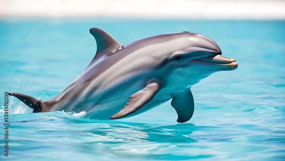 Naklejka premium Dolphin swimming and jumping in the blue ocean water