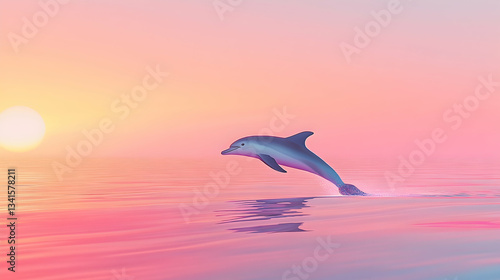 A dolphin leaping out of the water at dusk, bathed in warm pink and purple hues.

