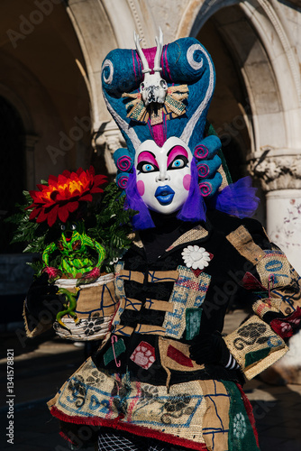 Carnival in Venice Detail: Blue Masked Figure with Bouquet and Headpiece