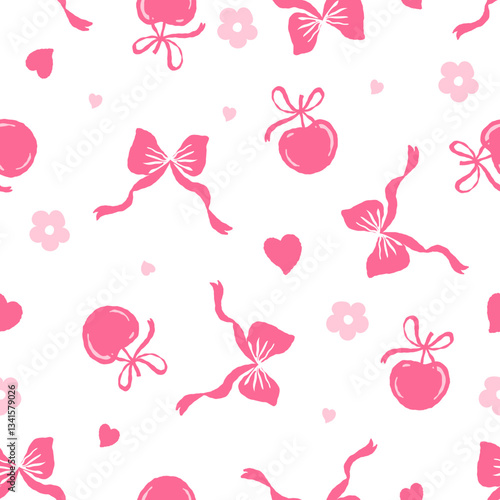 Seamless pattern cute coquette red cherry with cute coquette ribbon on color background. Vector illustration.	