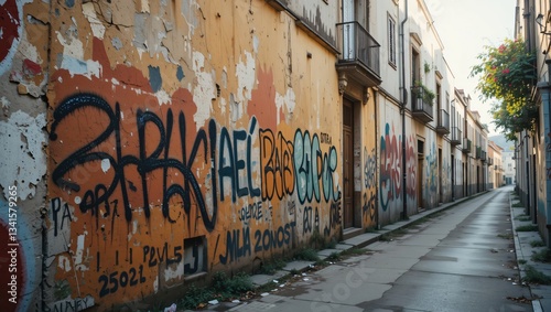 Graffiti-covered alleyway, morning light, urban street