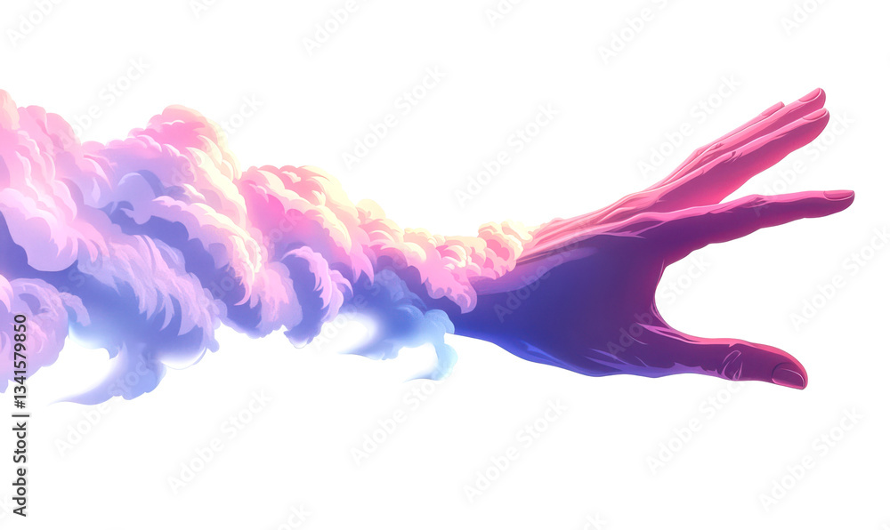 Fototapeta premium Giant Hand Reaching Out from Colorful Clouds Isolate on Transparent Background, cutout, png
