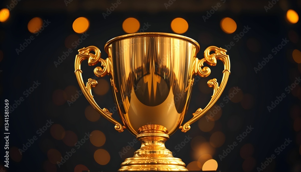 Golden trophy, ornate handles, reflective surface, dramatic lighting, bokeh background, dark atmosphere, achievement symbol, metallic gleam, championship award, triumphant mood Golden trophy, ornate handles, reflective surface, dramatic lighting, bokeh background, dark atmosphere, achievement symbol, metallic gleam, championship award, triumphant mood