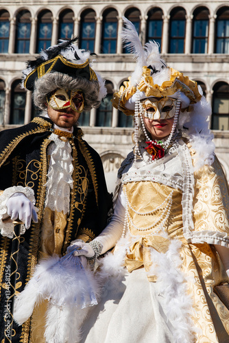 Italian Carnival Pair, Ornate Masks and Historical Attire