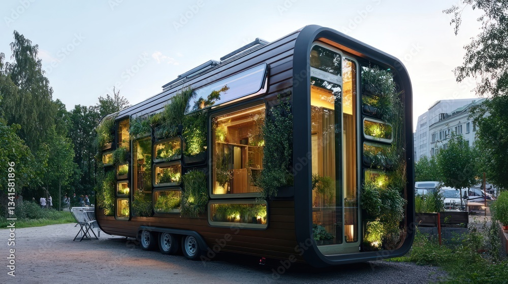 Obraz premium Eco-Friendly Solar Powered Mobile Home with Vertical Gardens and Sustainable Design