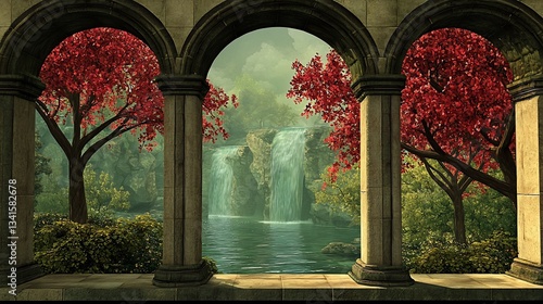 Ancient arches, waterfall view, garden