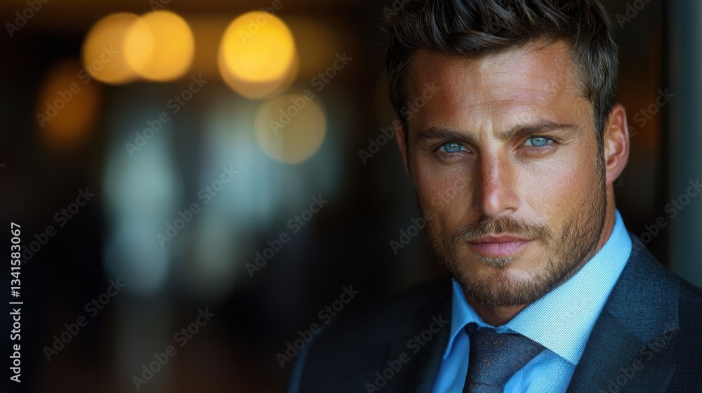 Professional man in suit and tie representing strong personality in a confident stance within office space Professional man in suit and tie representing strong personality in a confident stance within office space