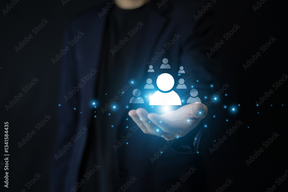 Businessman using CRM to analyze customer behavior allows businesses to refine marketing strategies and boost sales effectively. Customer relationship management concept.