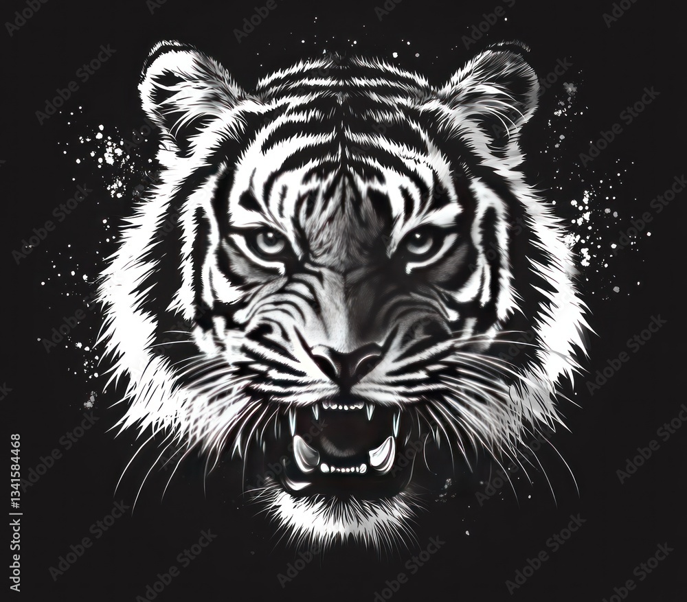 Graphic Tiger Head, Black and White, Fierce Expression, Abstract Background. Possible Use T-shirt Design Graphic Tiger Head, Black and White, Fierce Expression, Abstract Background. Possible Use T-shirt Design