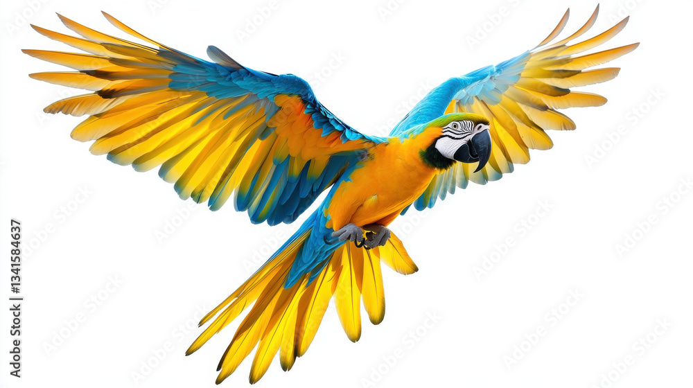 Fototapeta premium Colorful flying macaw parrot with vibrant blue and yellow feathers, showcasing its majestic wings in mid flight. This stunning bird captures essence of nature beauty and grace