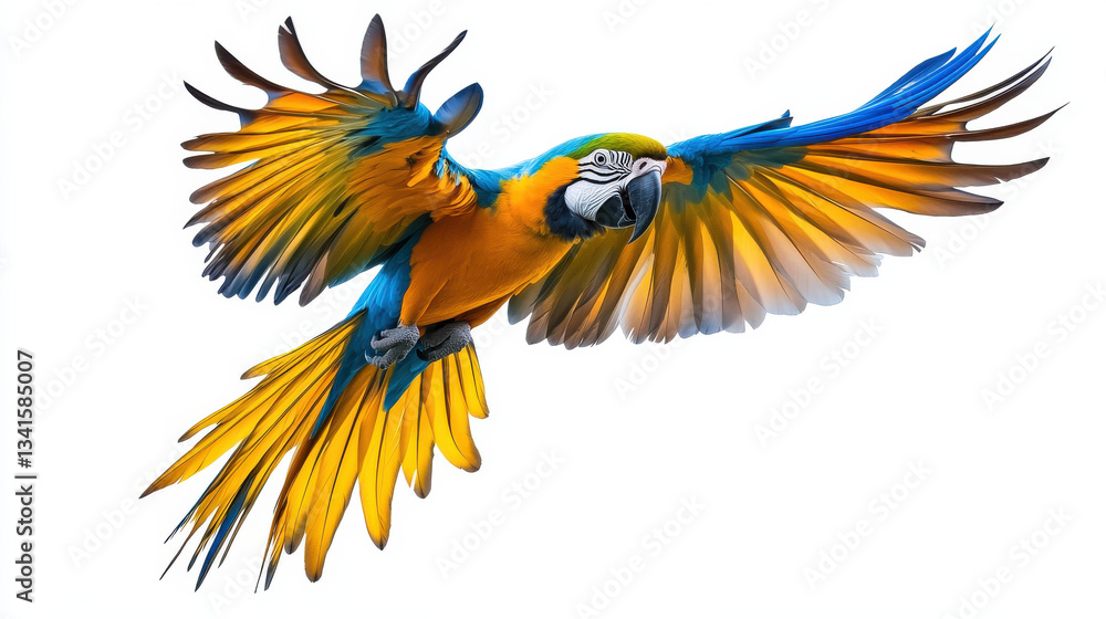 Obraz premium vibrant blue and yellow macaw parrot soaring gracefully through air, showcasing its stunning plumage and wingspan. bird embodies freedom and beauty in flight
