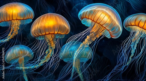 Bioluminescent Jellyfish in Deep Sea