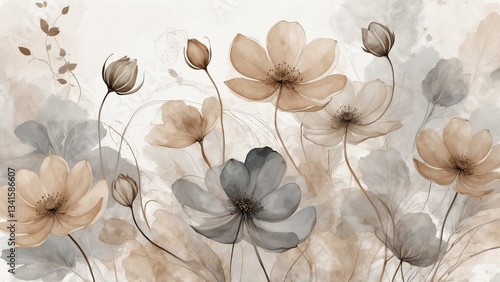 Elegant floral composition featuring soft grey and beige flowers on a light background for decorative art concept