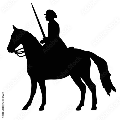Cavalry officer silhouette wielding sword on horseback, historical significance