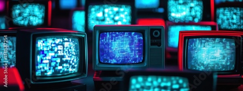 Retro TV screens displaying static in a dark environment illustrating the pervasive influence of mass media on consumer culture