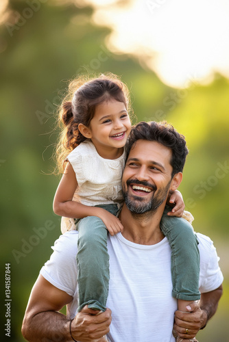 happy indian daughter enjoying on father shoulder