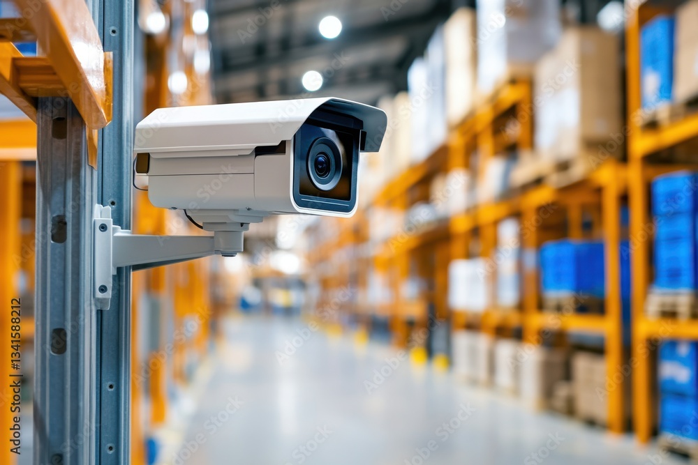 Security camera monitors warehouse, ensuring safety of goods, blurred storage shelves in the background. Security camera monitors warehouse, ensuring safety of goods, blurred storage shelves in the background.
