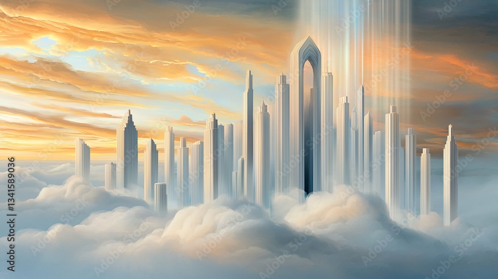 Fototapeta premium City Above Clouds, Golden Sunset