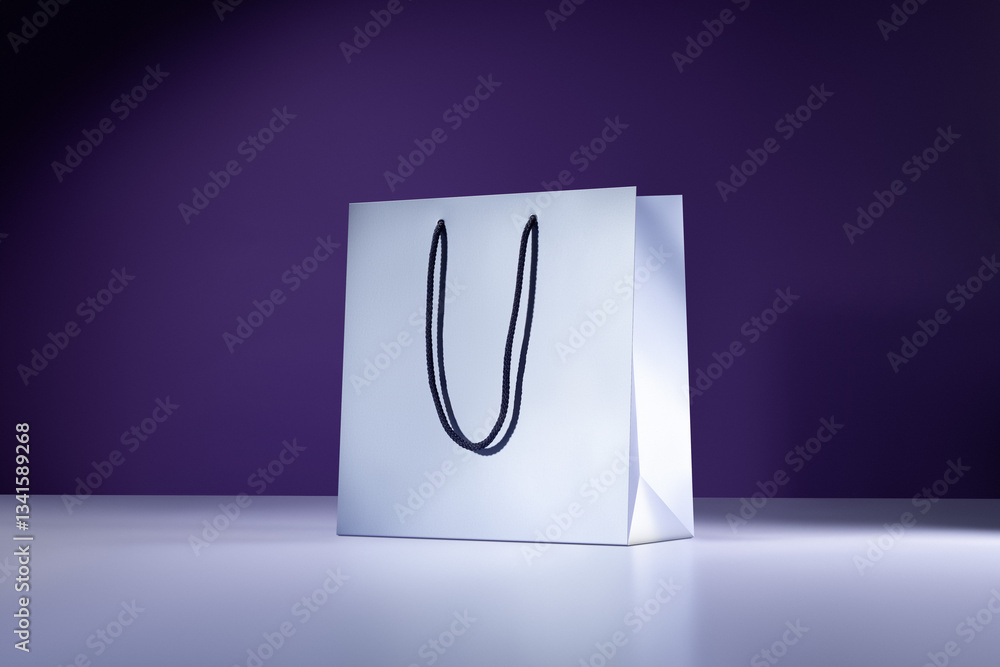 Mockup of a pale blue glossy paper bag with black handles 