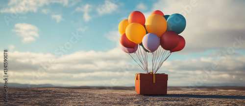 Colorful balloons in box against scenic sky, symbolizing celebration and joy. Perfect for birthday or festive occasions