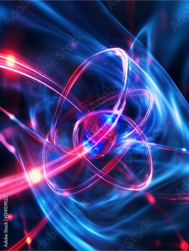 Quantum Energy: An abstract composition of swirling energy, depicted in vibrant shades of blue and red, with luminous trails creating a sense of dynamic movement, evoking a sense of cosmic beauty.