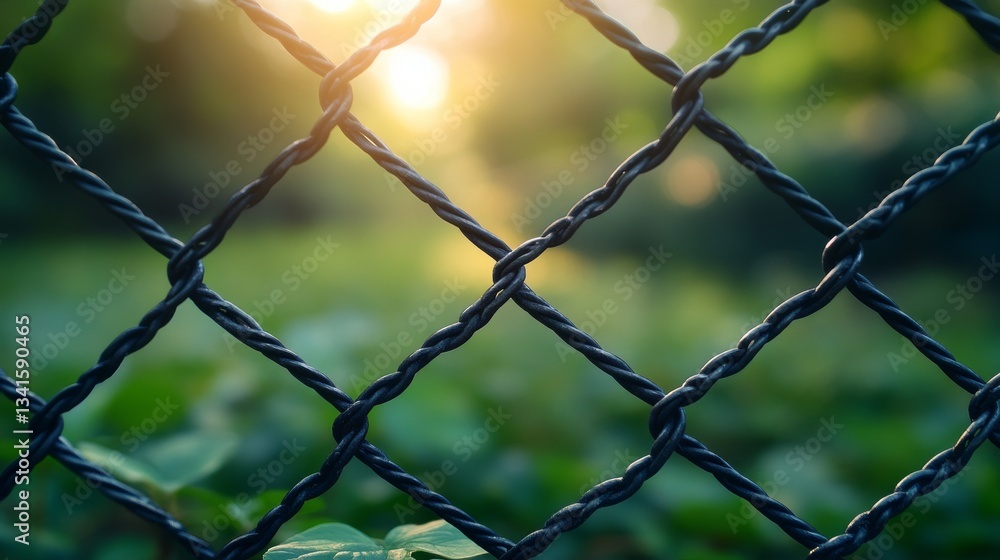 Close-up of a chain link fence with blurred green background and sunlight. Close-up of a chain link fence with blurred green background and sunlight.