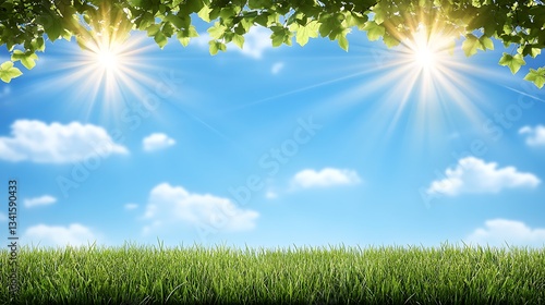 Sunny sky with grass and leaves background