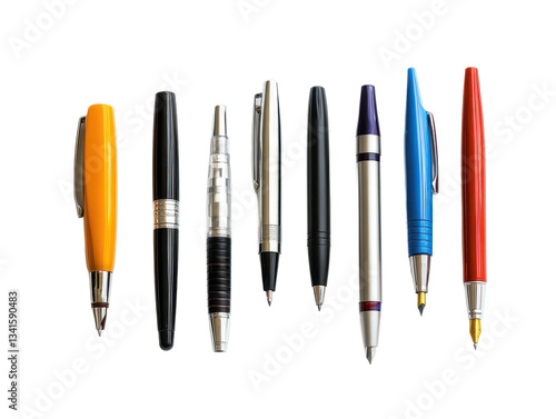 A Collection of Colorful Writing Instruments Including Ballpoint Pens and Gel Pens Arranged in a Straight Line on a White Background Perfect for Stationery Use