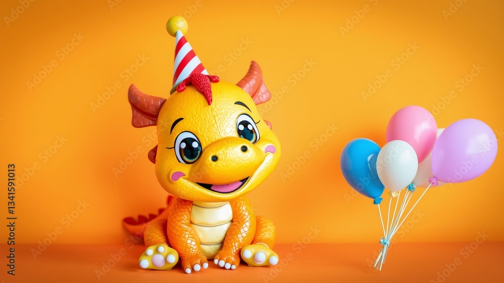 Fototapeta premium Cute Cartoon Dragon Character with Party Hat and Colorful Balloons on Orange Background