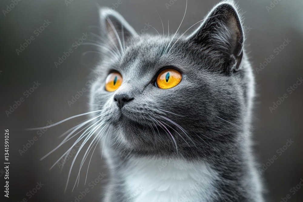 Gray cat with white chest looking up in nature Gray cat with white chest looking up in nature