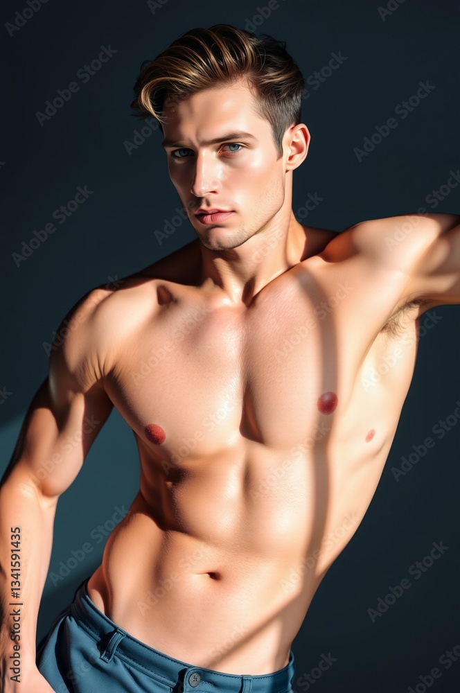 Obraz premium Stylish Male Portrait with Dramatic Lighting and Defined Muscles
