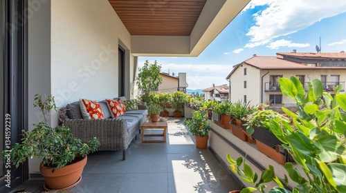Fototapeta Naklejka Na Ścianę i Meble -  A cozy balcony with plants and a small seating area