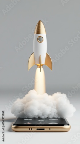 A smartphone serves as a launchpad for a rocket, surrounded by clouds in a sleek, modern environment, embodying the concept of digital technology