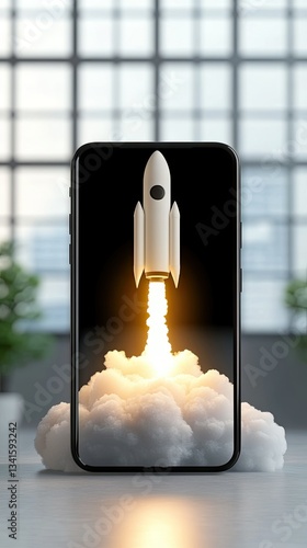 Rocket launching from smartphone screen as a symbol of innovation and technology in a modern workspace setting