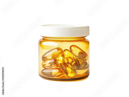 Amber glass jar filled with transparent capsules isolated on white background, showcasing dietary supplements and wellness products for health enthusiasts