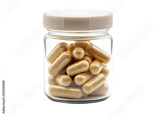 Clear glass jar filled with golden capsules showcasing dietary supplements for health and wellness in a modern and attractive setting