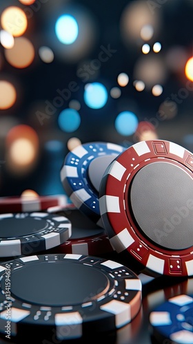 Colorful poker chips stacked artistically against a blurred, illuminated background at a vibrant casino setting during the evening