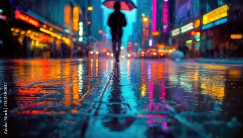 Wallpaper Mural Rainy night city street, person walking, blurred lights Torontodigital.ca