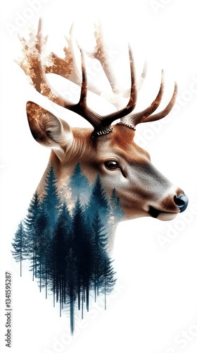 Stag head illustration combined with forest elements showcasing wildlife and nature in a creative artistic design