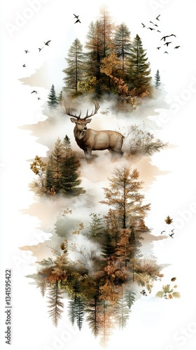 A magnificent stag stands proudly in the heart of an autumn forest, surrounded by vibrant trees and a soft, gentle mist