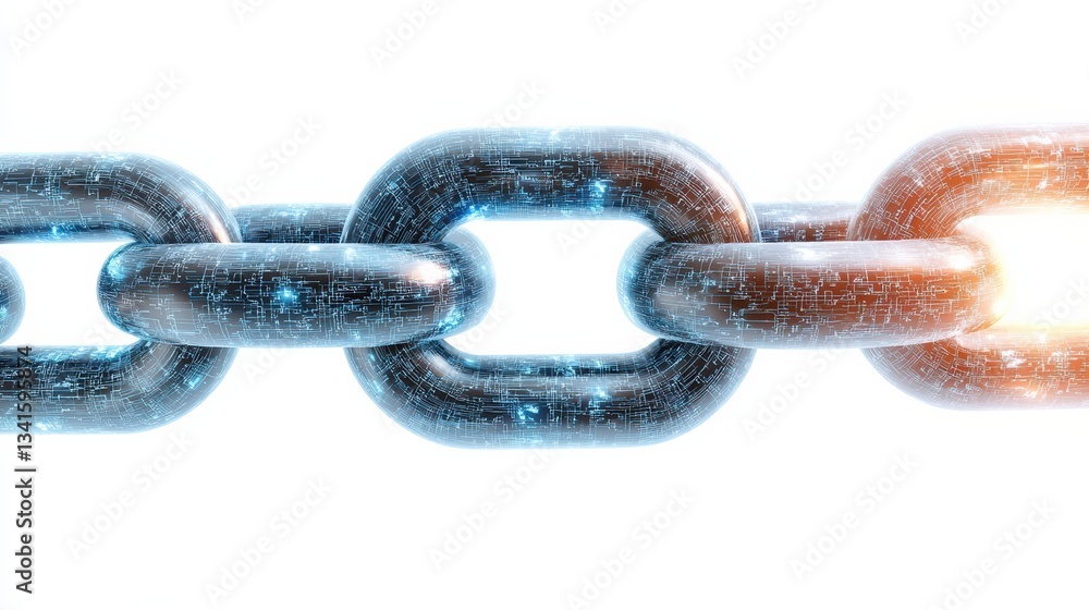 Obraz premium Futuristic close-up of a metallic chain link, symbolizing strength, connection, and advanced technology in modern industry.