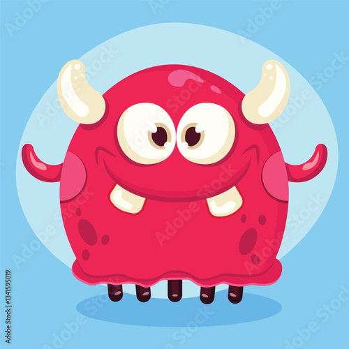 Red cheerful kind cartoon monster with horns. Vector illustration