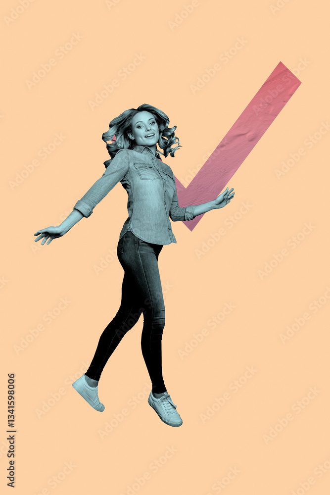 Pop image sketch 3d collage poster of excited girl jump checkmark symbol success promotion concept development career confirm Pop image sketch 3d collage poster of excited girl jump checkmark symbol success promotion concept development career confirm