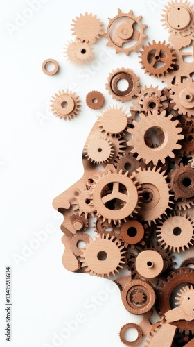 Wallpaper Mural Craftsman designs a creative face silhouette using wooden gears and cogs against a white background to symbolize innovative thoughts and engineering Torontodigital.ca