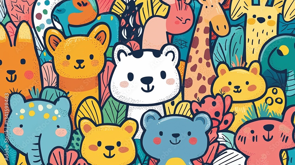 Naklejka premium Cute Animal Illustrations, Jungle Setting