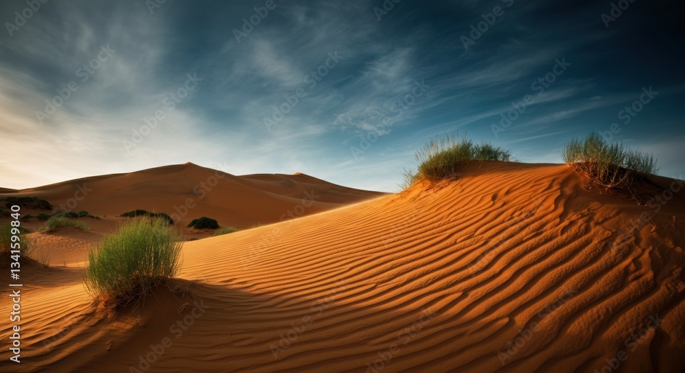 Fototapeta premium Serene desert landscape with rippled sand dunes and sparse vegetation